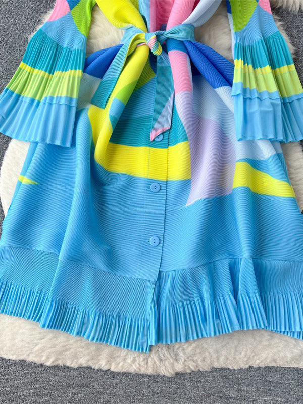 Flared Sleeves Loose Belted Contrast Color Pleated Midi Dresses