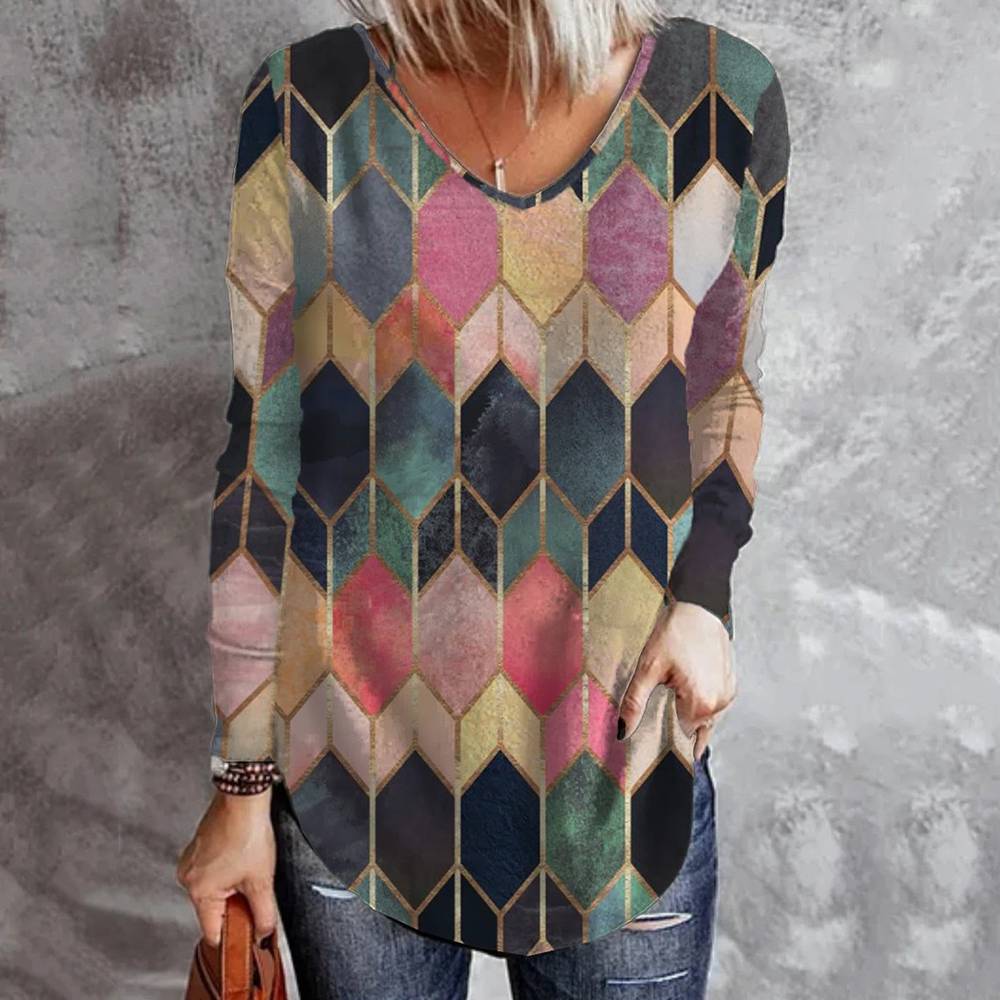 Mid-Length Nine Points Sleeve Geometric Loose Women's T-Shirt