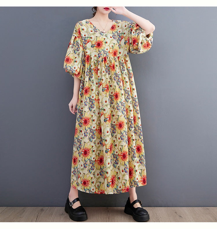 Literary Print Round Neck Short Sleeve Midi Dress