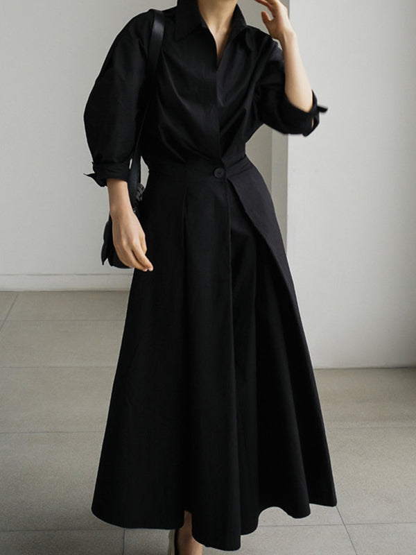 Long Sleeves Loose Buttoned Solid Color Lapel Midi Dresses
