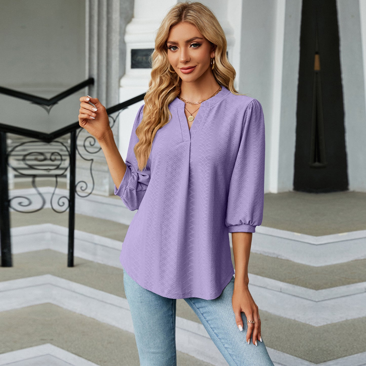 Autumn and Winter new solid color and V-neck jacquard 3/4 sleeve loose-fitting T-shirt top women