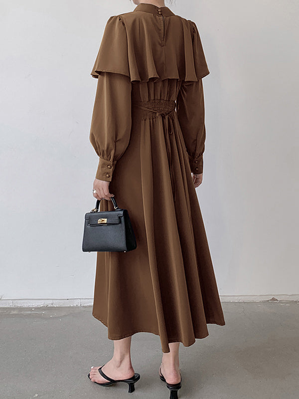A-Line Long Sleeves Ruffle Trim Solid Color Tied Waist Mock Neck Midi Dresses