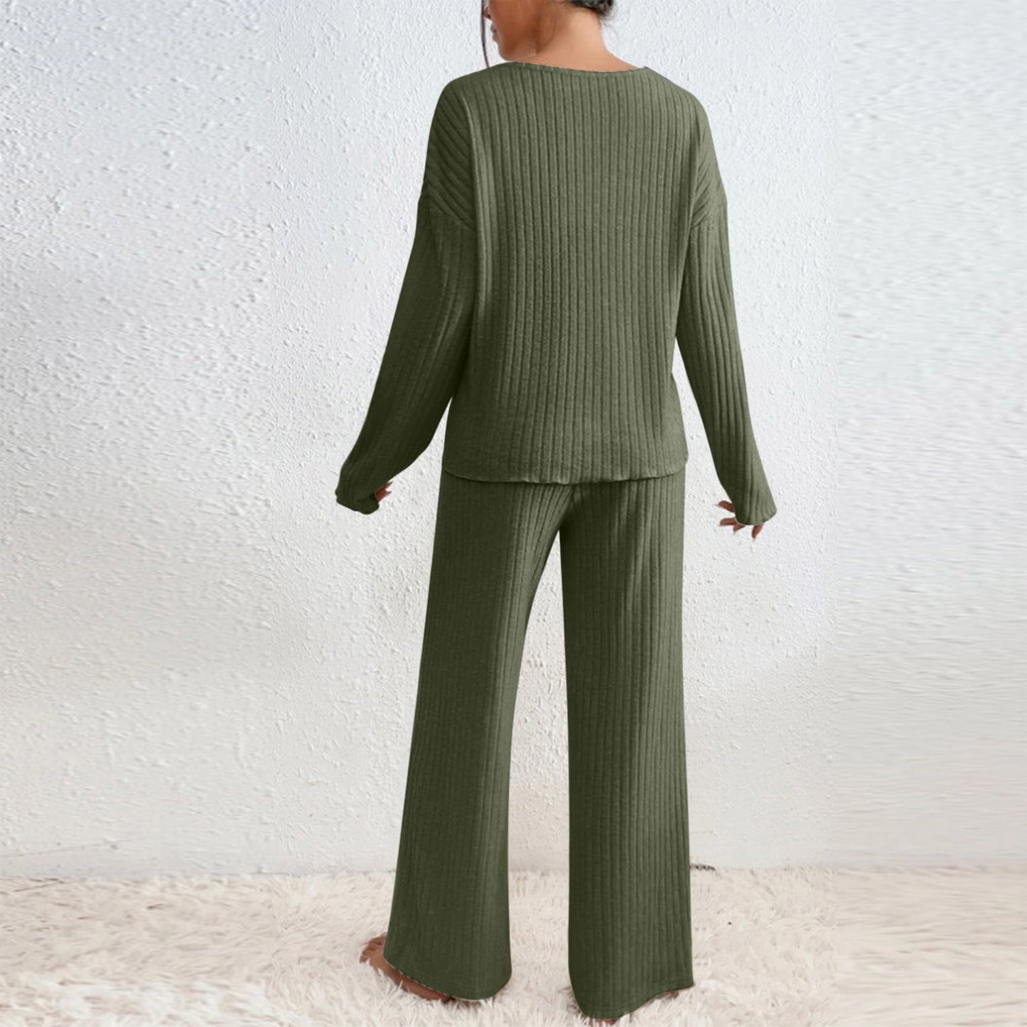 Ribbed Lounge Sets for Women 2 Piece Solid Color Ribbed Knit V Neck Long Sleeve Shirts and Wide Leg Long Pants Casual Travel Pajamas Lounge Set Loungewear Summer Outfits