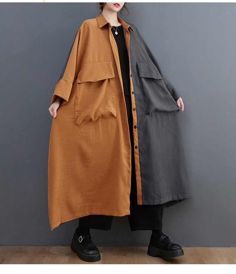 Literary Color Block Lapel Mid Dress