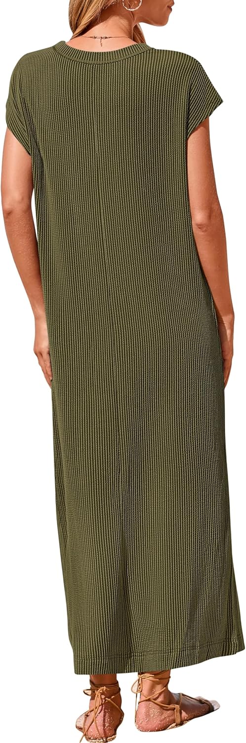 Women's  Ribbed Knit Henley Button Up Maxi Dress (Buy 2 Free Shipping)