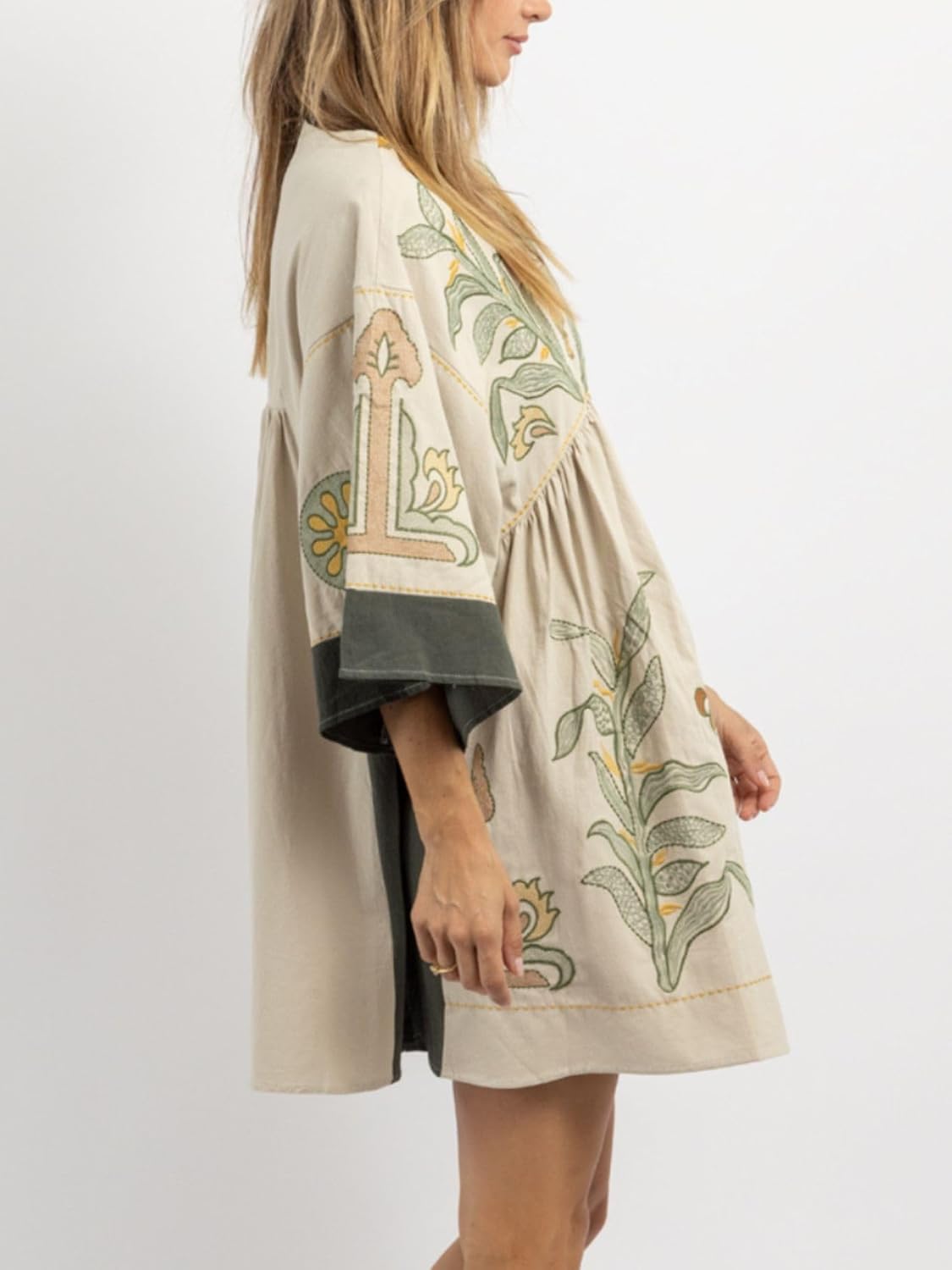 🌸Women's  V-Neck 3/4 Sleeves Loose Fit Vintage Embroidered Dress(Buy 2 Free Shipping)