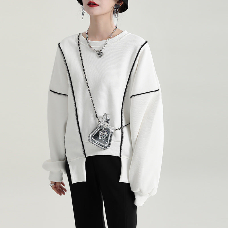 Irregular Splicing Round Neck Long Sleeve Velvet Sweatshirt
