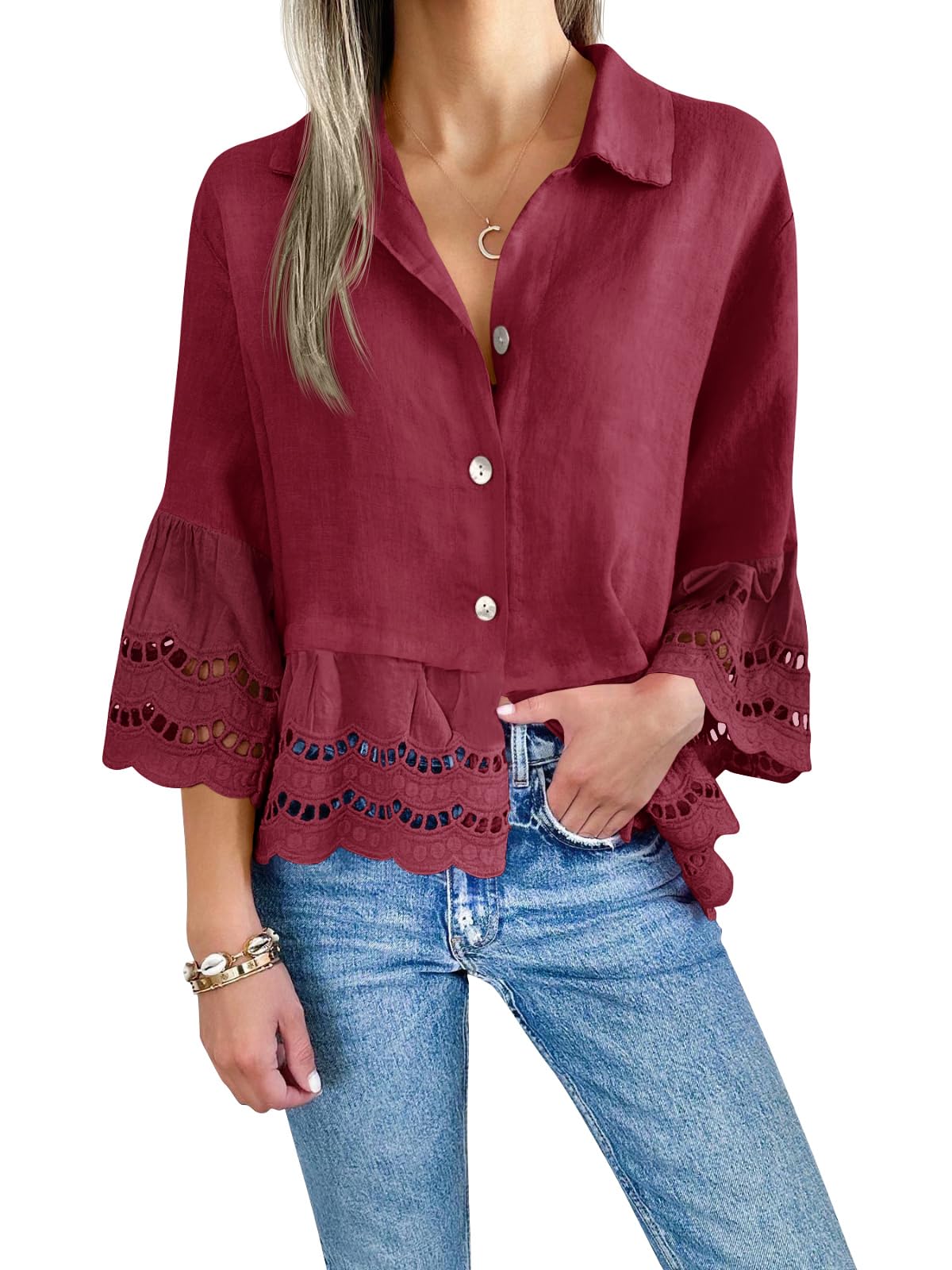 Women's 3/4 Bell Sleeve Button Down Eyelet Blouse (Buy 2 Free Shipping）