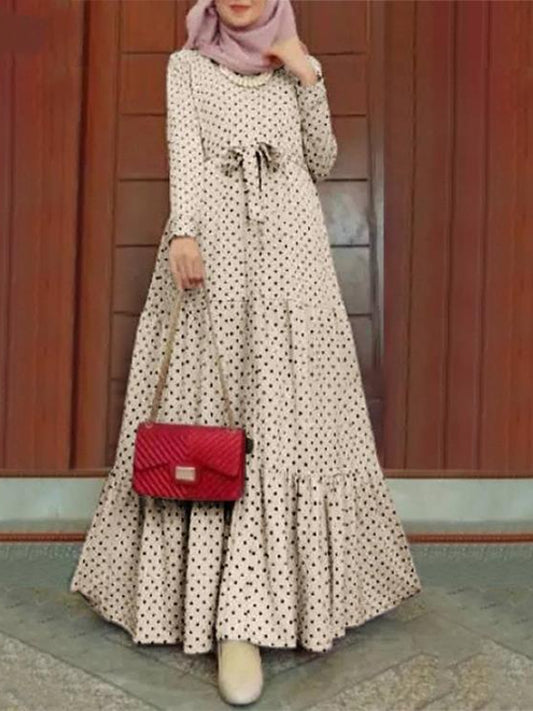 Vintage Polka-Dot Long Sleeve Round Neck Maxi Dress