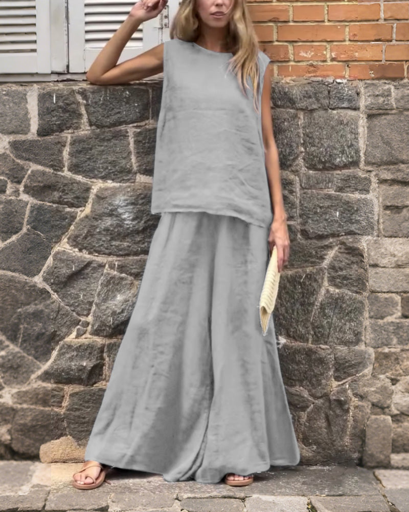 Two-piece Loose Solid Color Sleeveless Pants Set