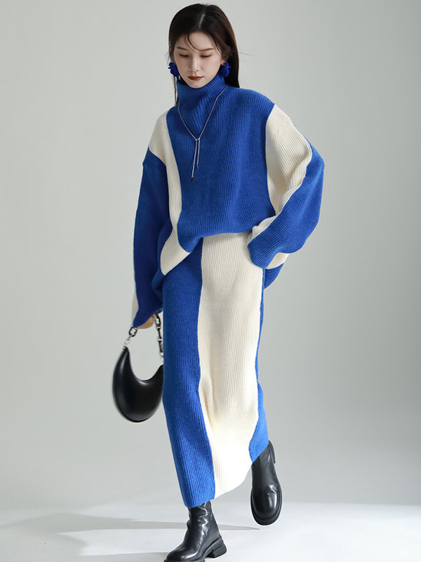 Casual Loose Long Sleeves Contrast Color High-Neck Sweater Top&Skirt Two Pieces Set