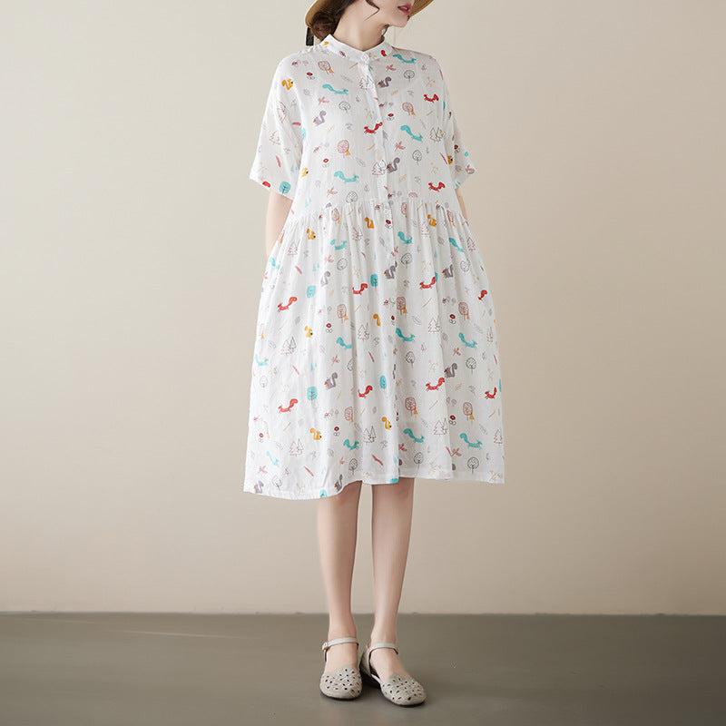 Literary Print Stand Collar Short Sleeve Midi Dress