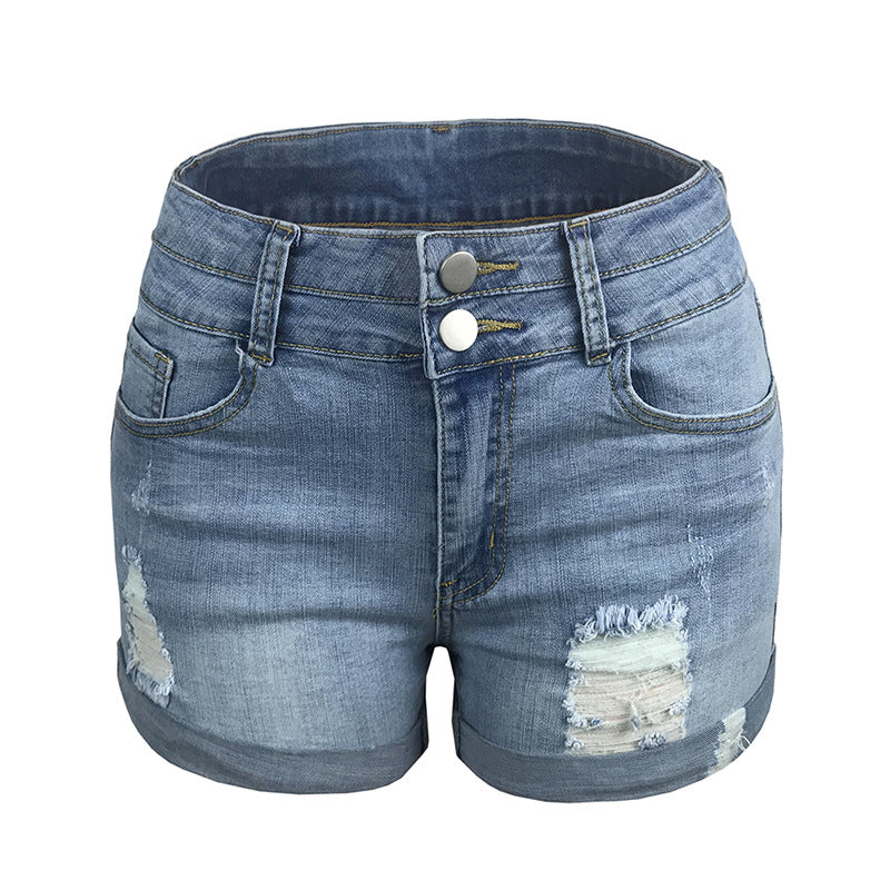 Trend Ripped Edge Elastic High Waist Denim Shorts Women's Hot Pants