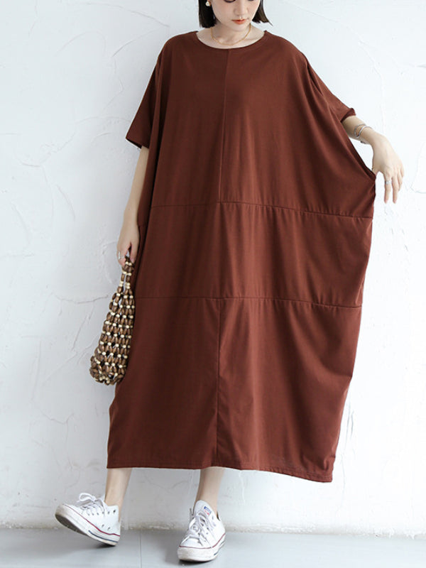 Loose Solid Round Neck Bat Sleeve Maxi Dress With Pocket