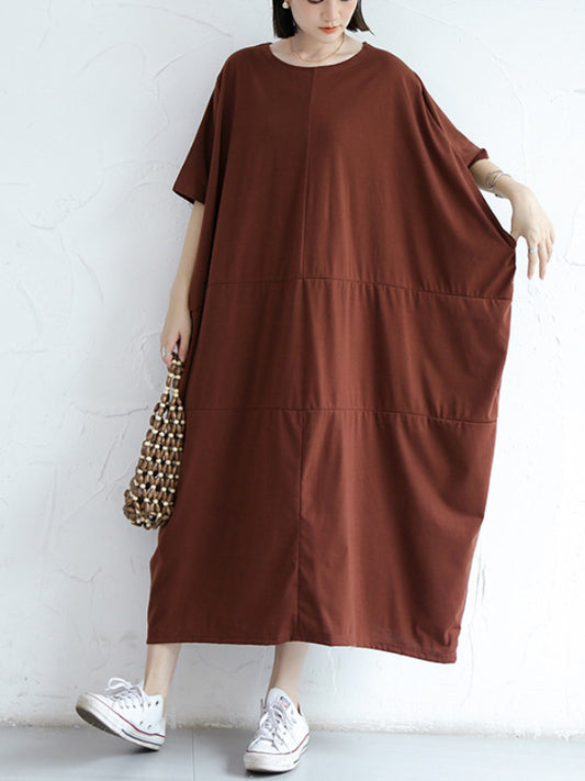 Loose Solid Round Neck Bat Sleeve Maxi Dress With Pocket