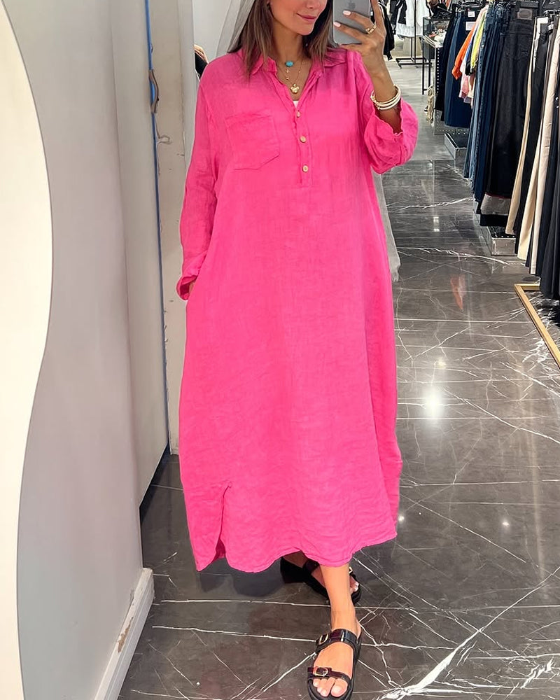 Casual Lapel Pocket Detail Loose Dress