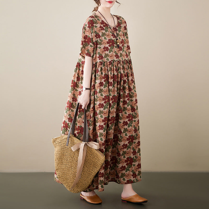 Ethnic Style Floral Print Short Sleeve Round Neck Maxi Dress