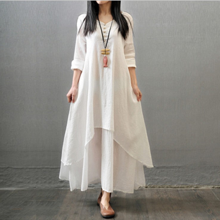 Literary Linen Fake Two Piece Long Sleeve Dress