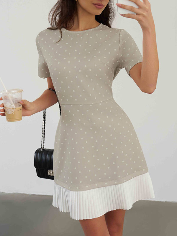 A-Line High Waisted Pleated Polka-Dot Split-Joint Round-Neck Mini Dresses