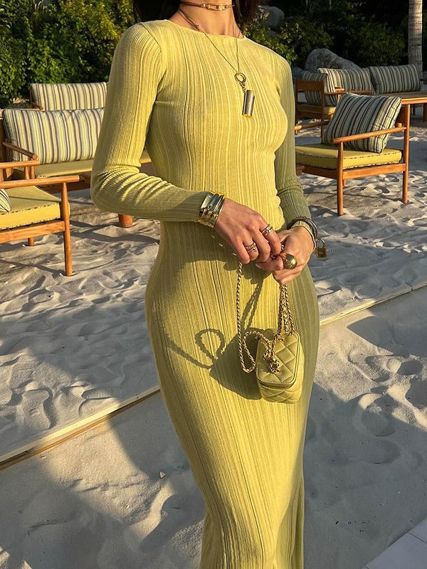 Bodycon Long Sleeves Pleated Solid Color Split-Joint Round-Neck Evening Dresses Maxi Dresses