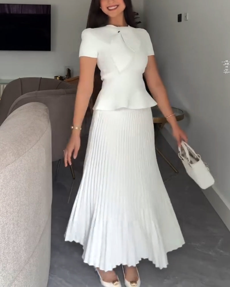 Elegant Lace-Up Top & Pleated Skirt Two-Piece Set