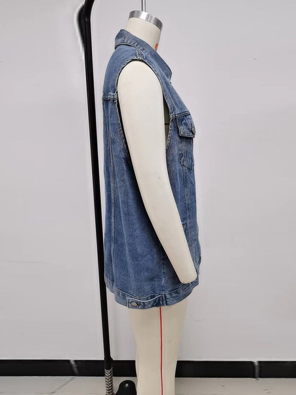 Loose Sleeveless Buttoned Drawstring Pockets Split-Joint Polo Vest Outerwear