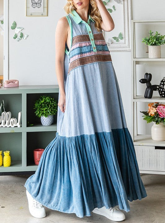 ✨PinkLaura 2025 Washed Contrast Lapel Button Sleeveless Maxi Dress (Buy 2 Free Shipping)