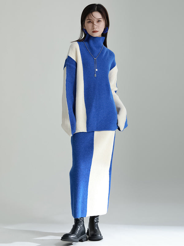 Casual Loose Long Sleeves Contrast Color High-Neck Sweater Top&Skirt Two Pieces Set