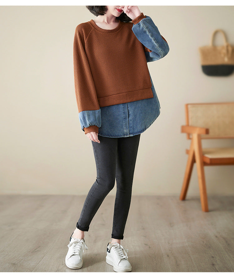 Loose Splicing Round Neck Long Sleeve Fake Two Pieces Sweater