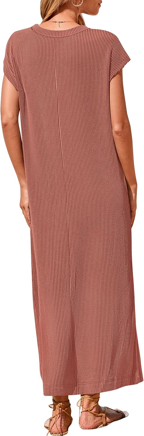 Women's  Ribbed Knit Henley Button Up Maxi Dress (Buy 2 Free Shipping)