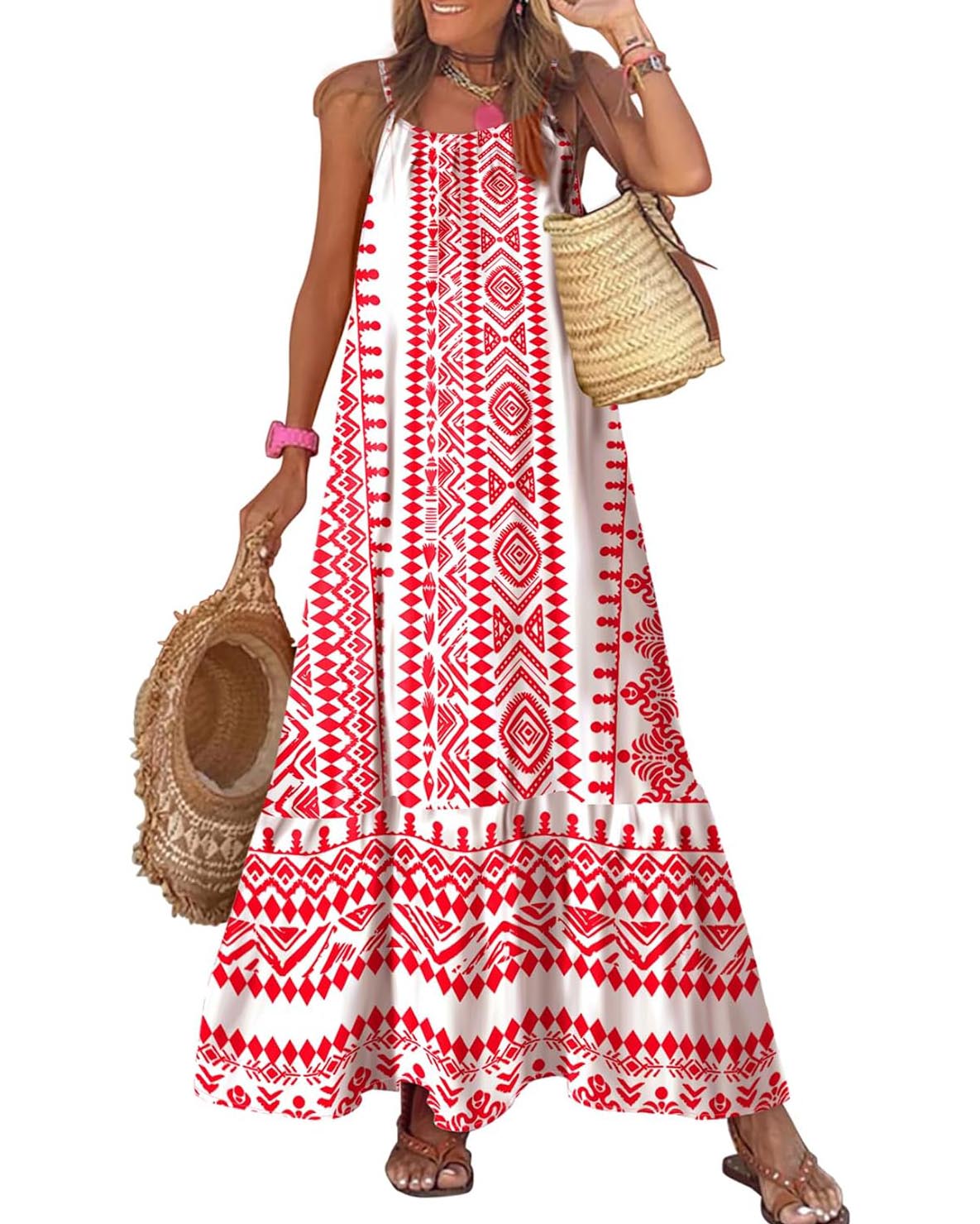 2025 Spaghetti Strap Round Neck Ruffled Ruffled Bohemian Maxi Dress (Buy 2 Free Shipping)