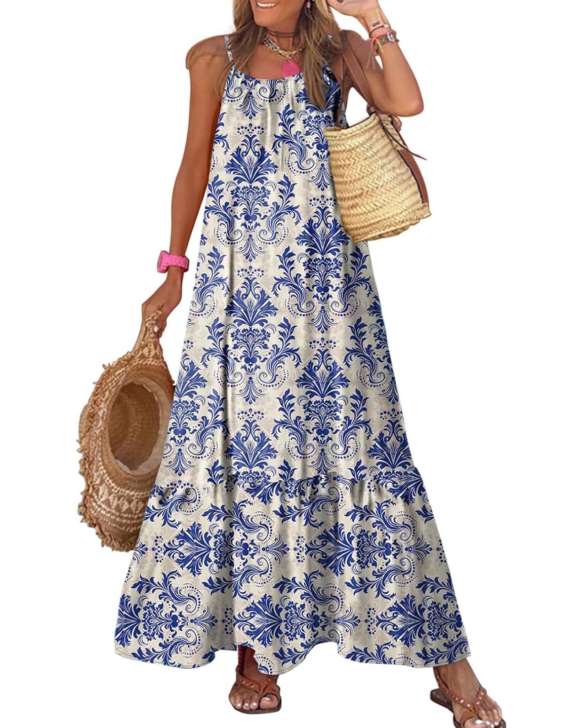 2025 Spaghetti Strap Round Neck Ruffled Ruffled Bohemian Maxi Dress (Buy 2 Free Shipping)