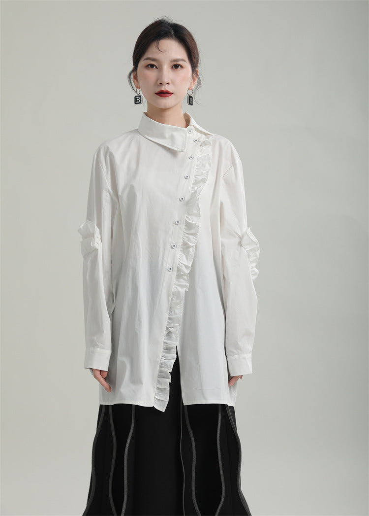 Special Asymmetric Collar Solid Color Long Sleeve Shirt