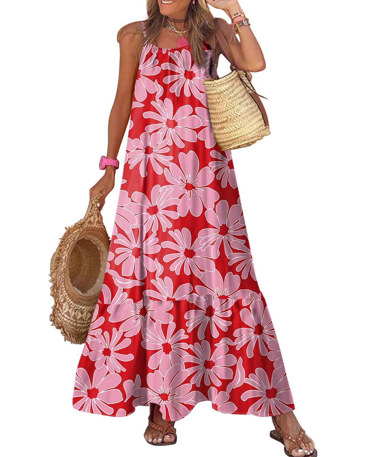 2025 Spaghetti Strap Round Neck Ruffled Ruffled Bohemian Maxi Dress (Buy 2 Free Shipping)