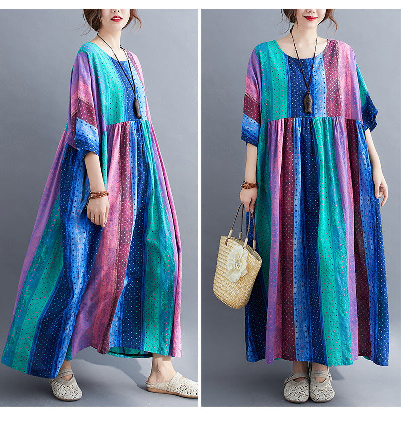 Special Colorful Splicing Round Neck Midi Dress
