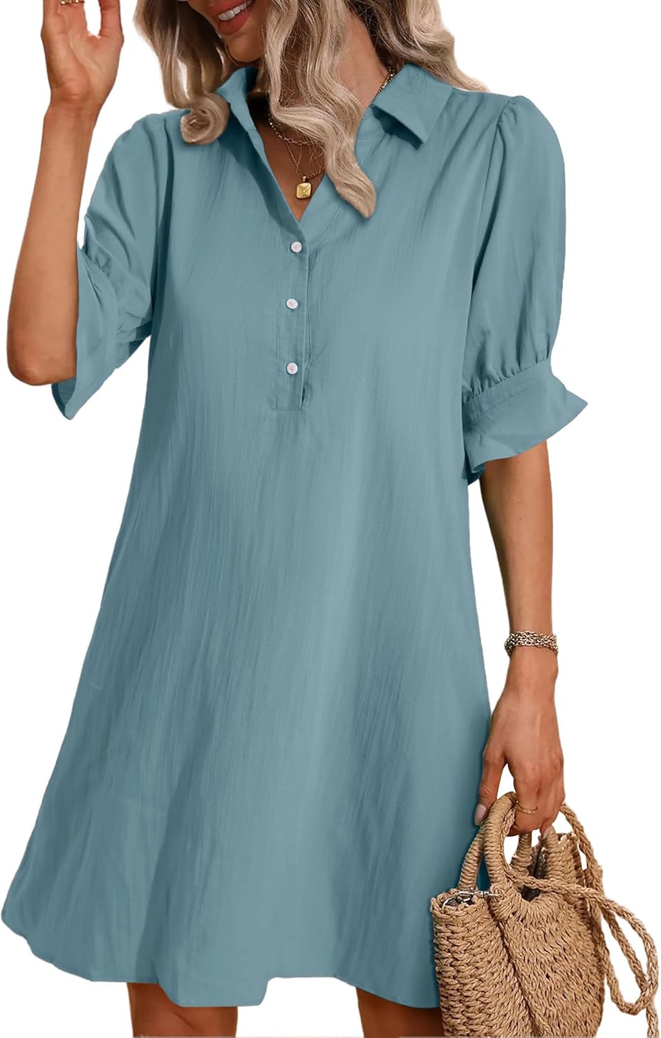 Women's Casual  Ruffle Sleeve Button Down Shirt Dress(Buy 2 Free Shipping)