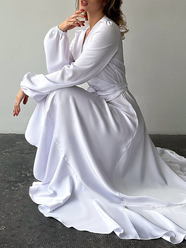 Loose Puff Sleeves Asymmetric Pleated Solid Color Split-Joint Tied Waist V-Neck Maxi Dresses Shirt Dress