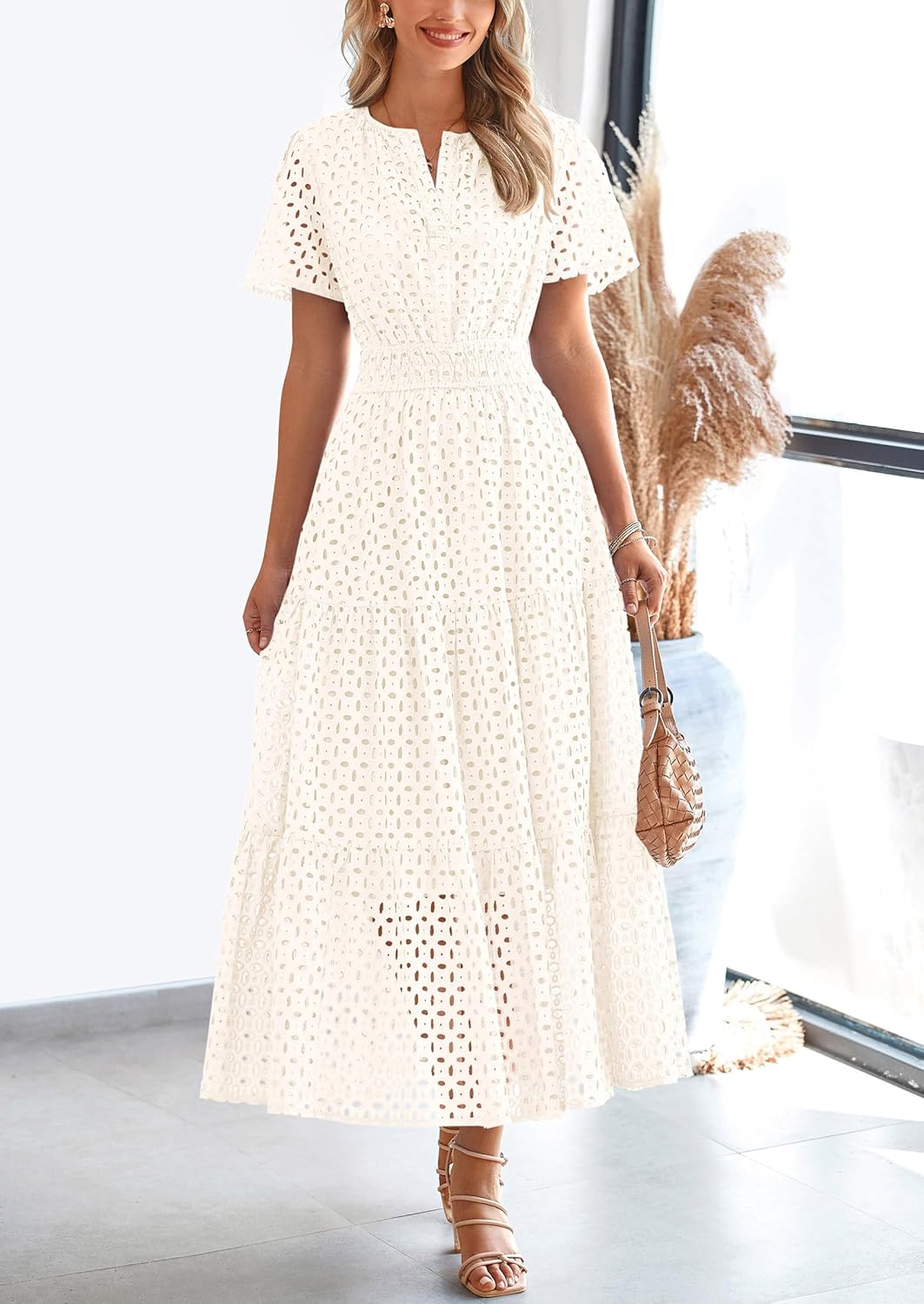 Women‘s Short Sleeve V Neck Eyelet A-Line Maxi Dress (Buy 2 Free Shipping)