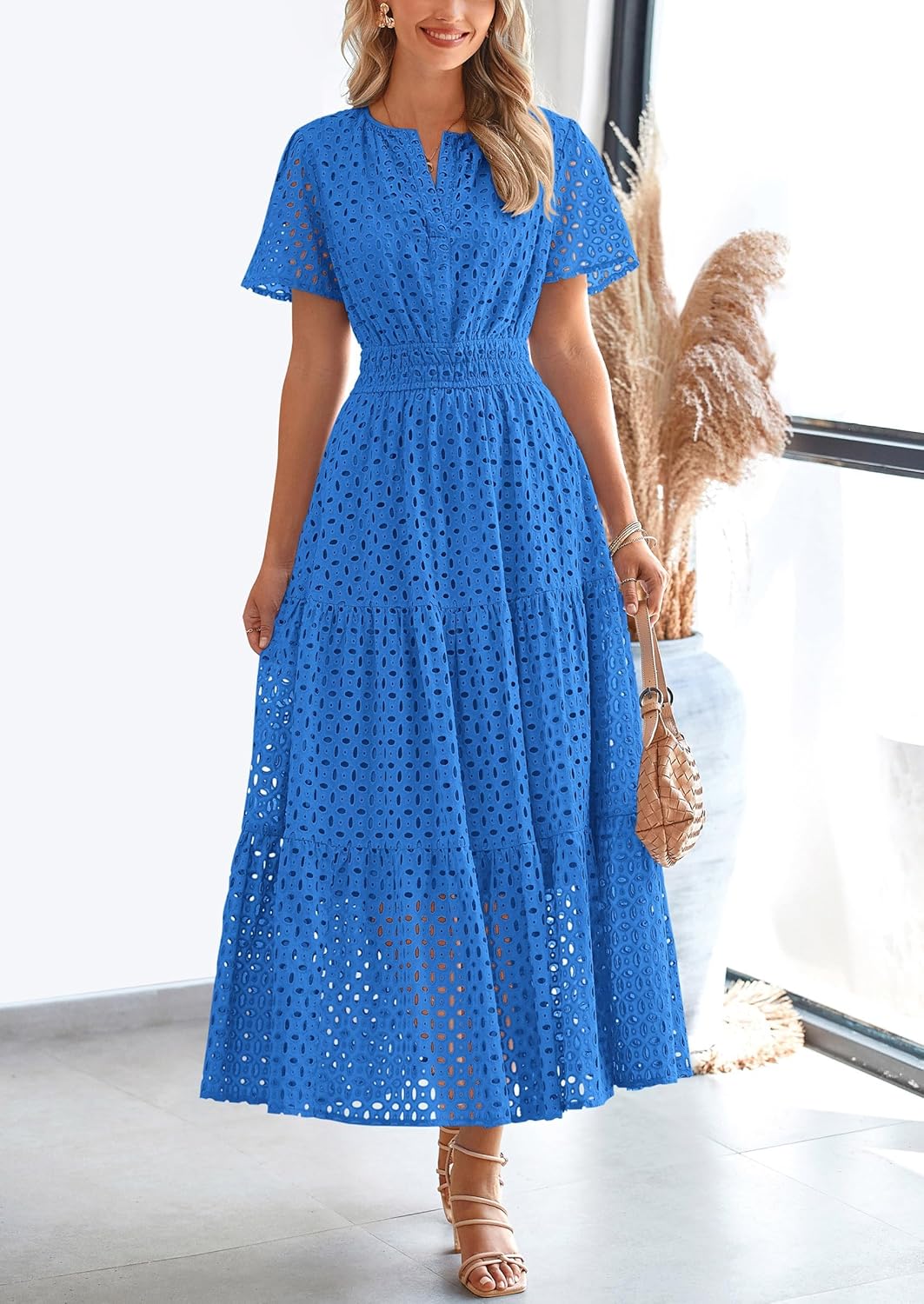 Women‘s Short Sleeve V Neck Eyelet A-Line Maxi Dress (Buy 2 Free Shipping)