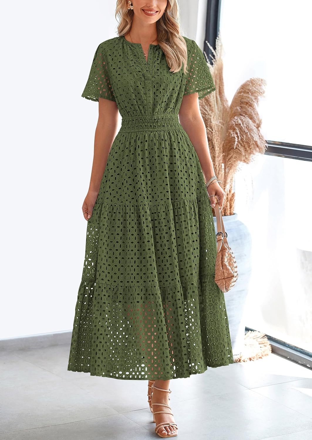 Women‘s Short Sleeve V Neck Eyelet A-Line Maxi Dress (Buy 2 Free Shipping)