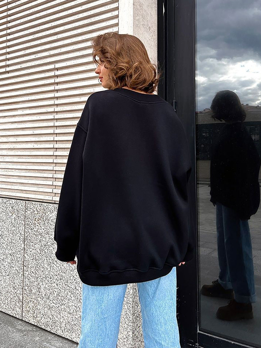 Round neck loose sweatshirt women's autumn winter Street solid color Oversize polar fleece pullover top