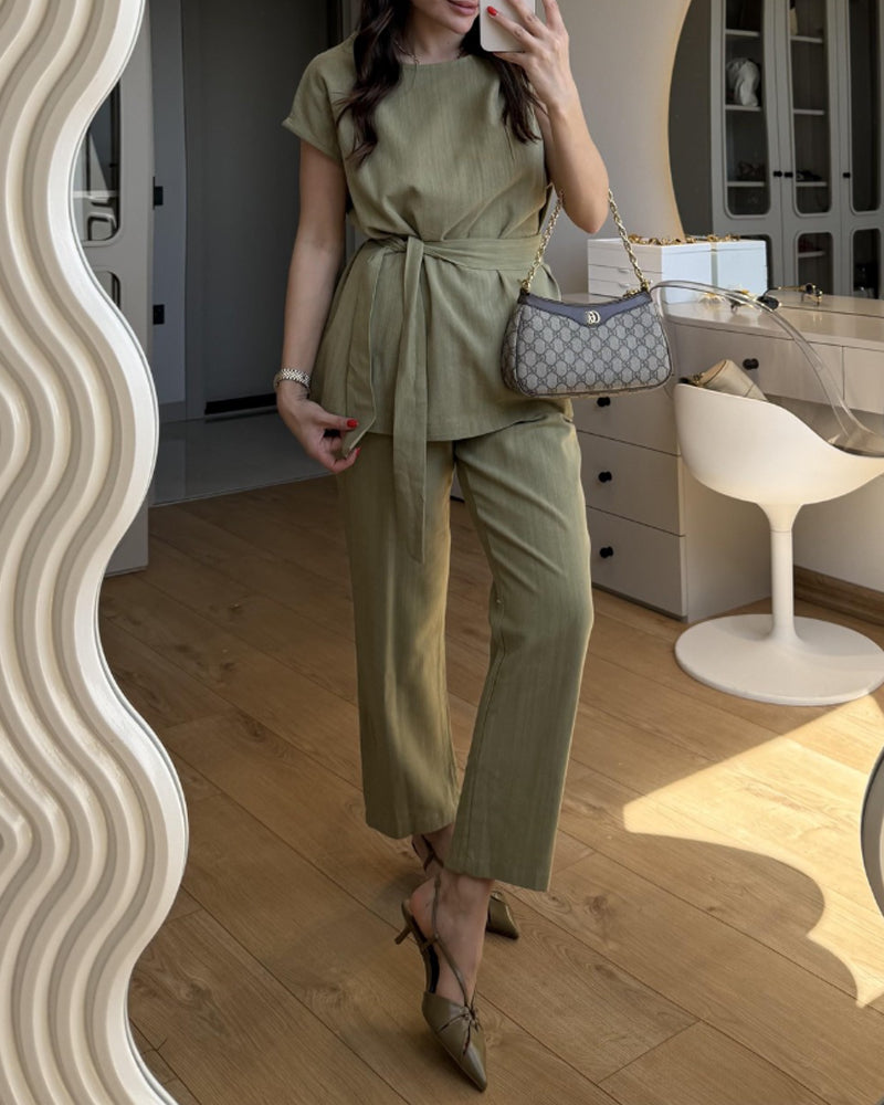 Solid Color Design One-Sleeve Top & Pants Two-Piece Set