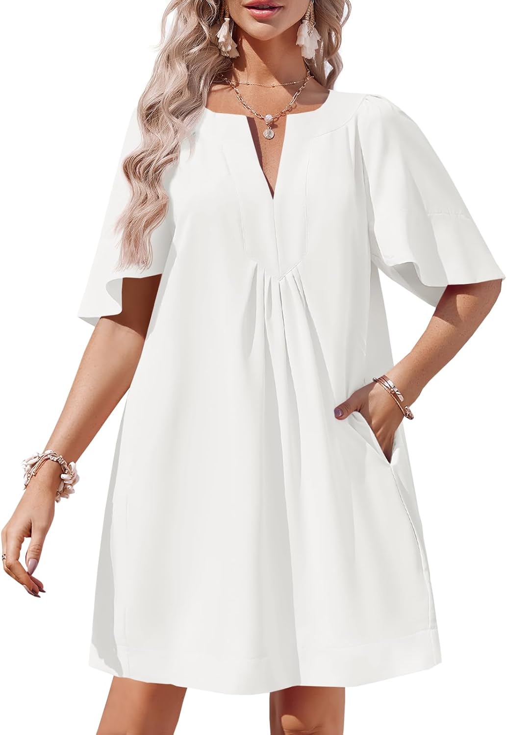 🌸Women's Flutter V Neck Loose  Short Sleeve Mini Dress (Buy 2 Free Shipping)