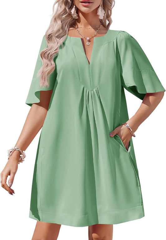 🌸Women's Flutter V Neck Loose  Short Sleeve Mini Dress (Buy 2 Free Shipping)