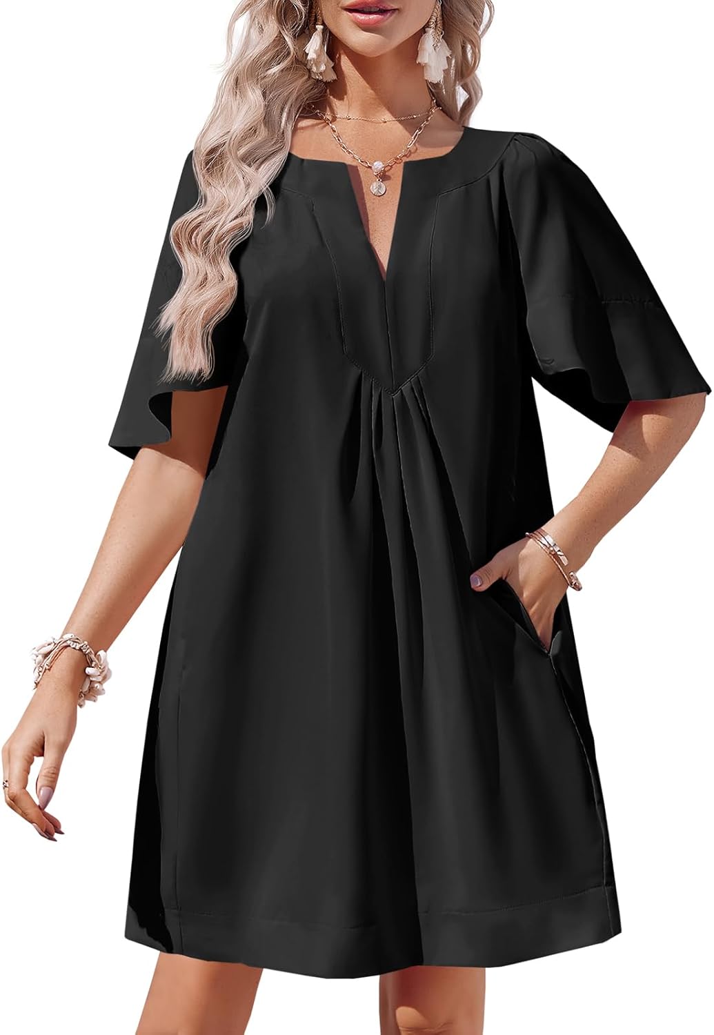 🌸Women's Flutter V Neck Loose  Short Sleeve Mini Dress (Buy 2 Free Shipping)