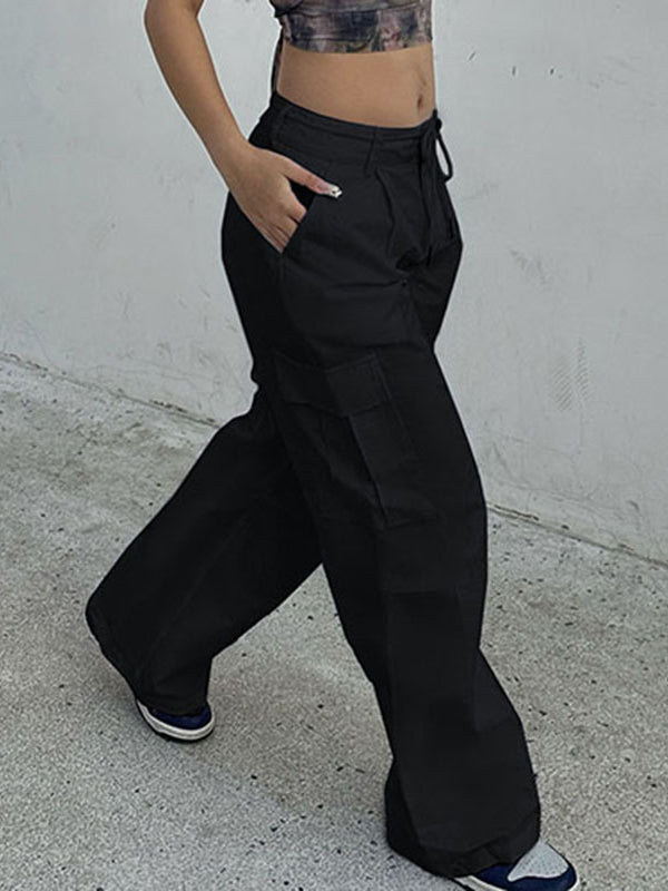 Loose Wide Leg Drawstring Pockets Solid Color Pants Trousers