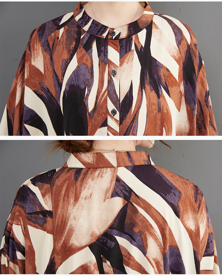 Casual Print Stand Collar Long Sleeve Midi Dress