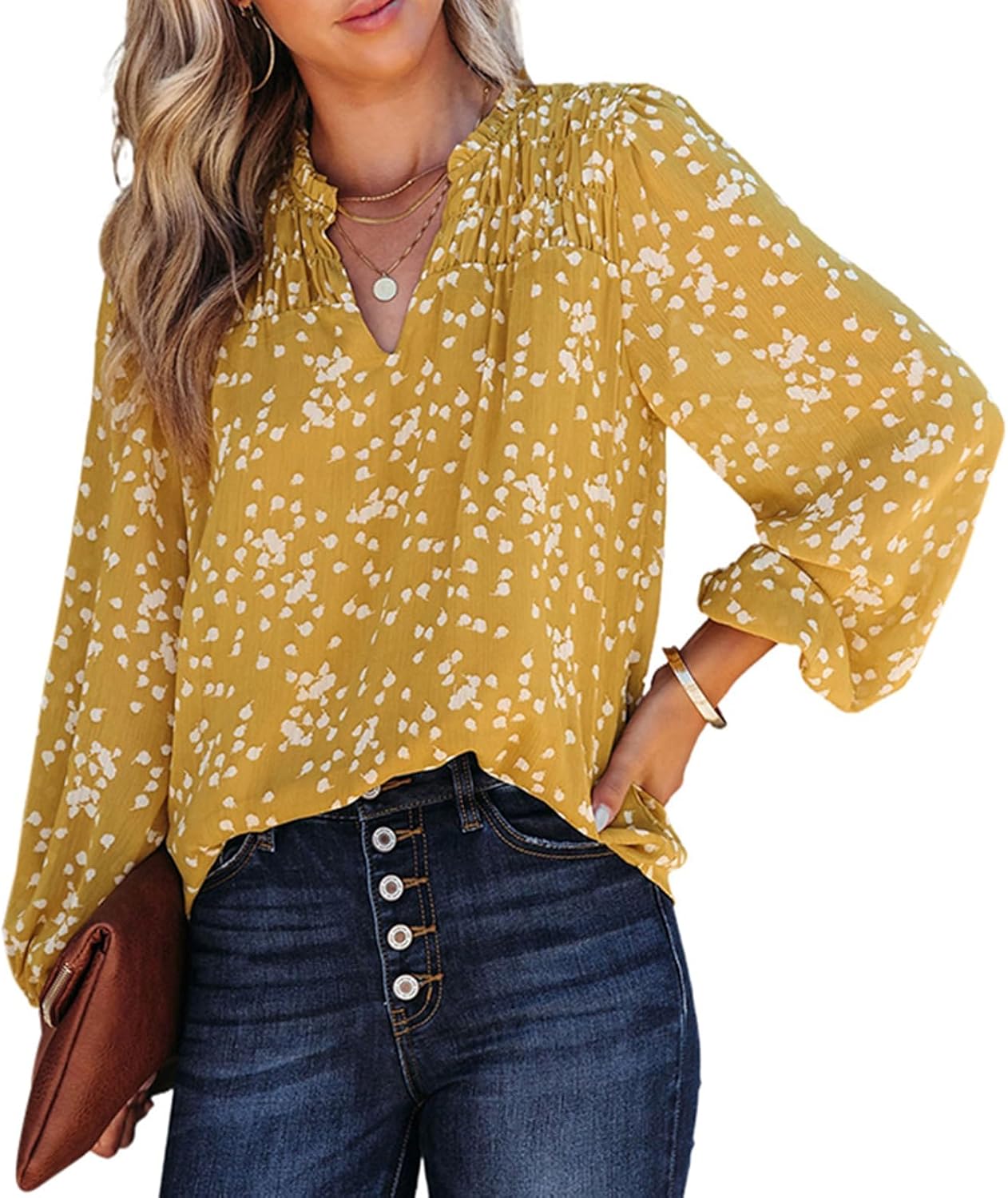 Relaxed V-Neck Floral Print Pleated Long-Sleeved Chiffon Shirt (Buy 2 Free Shipping)