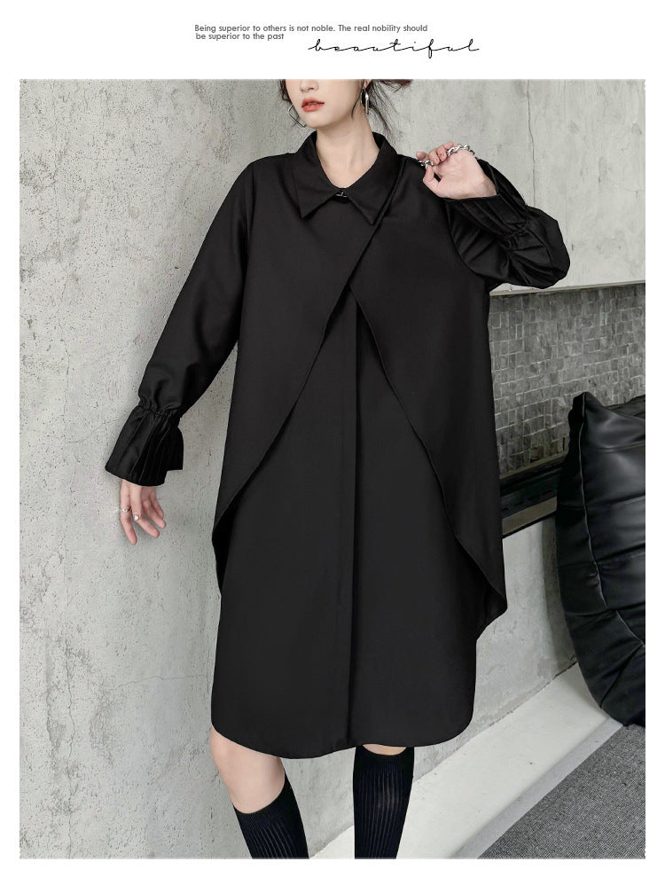 Street Style Fake Two Piece Button Long Sleeve Midi Dress