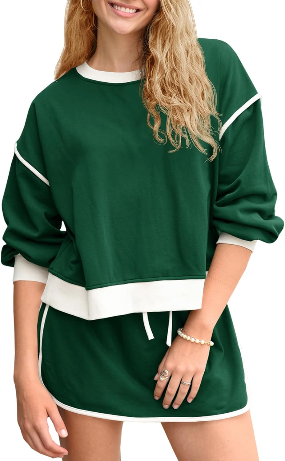 Contrast Loose Fit Sweater And Tie Waist Skirt Set (Buy 2 Free Shipping)